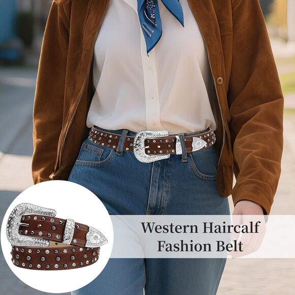 6746 Women\'s Haircalf Leather Belt- Western Style With Floral Buckle &